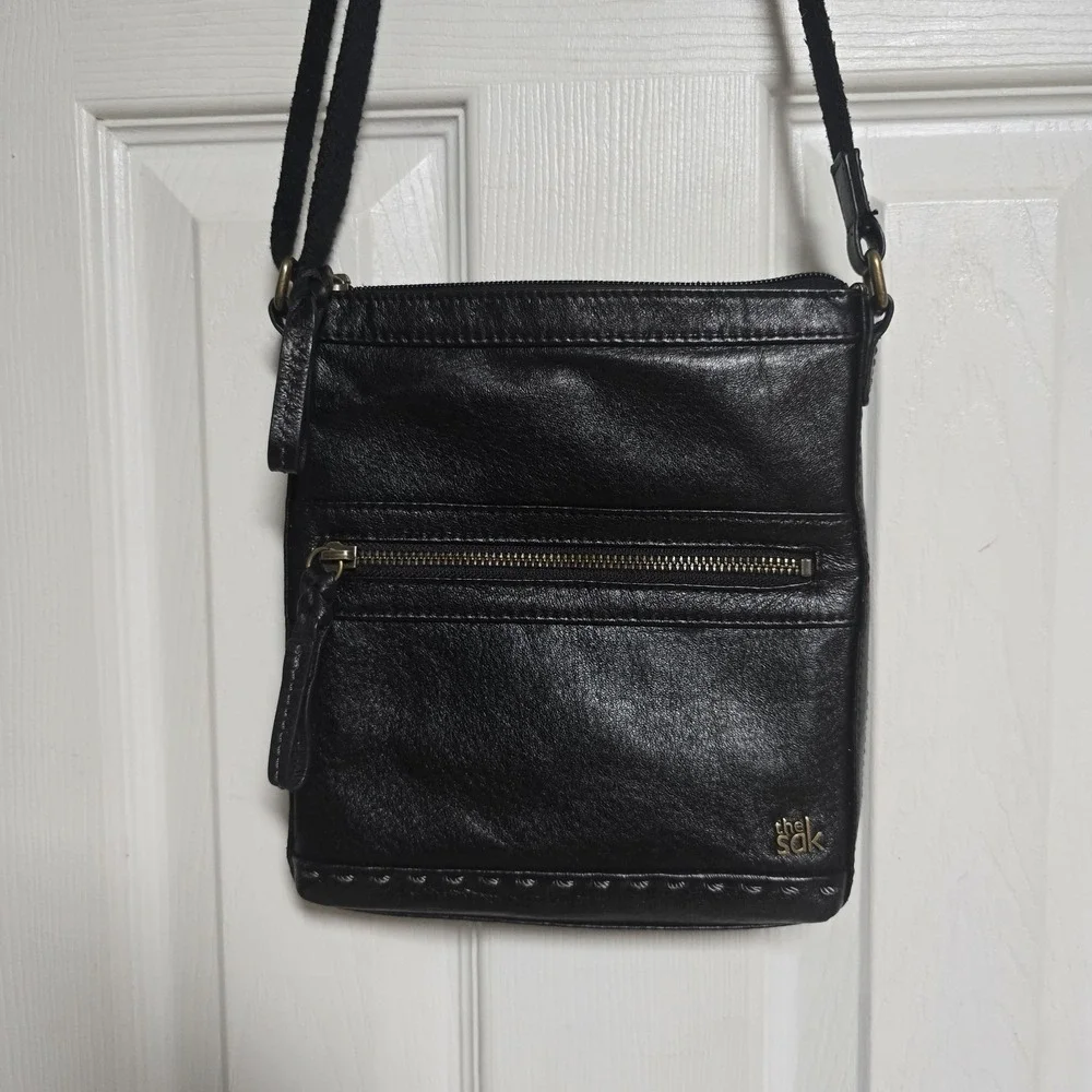 The Sak Leather Shoulder Bag, Black, Mini Fabric Strap Outside/Inside Pockets‎